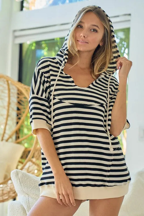Black and cream striped hoodie with notch neck, short sleeves, and drawstring hood