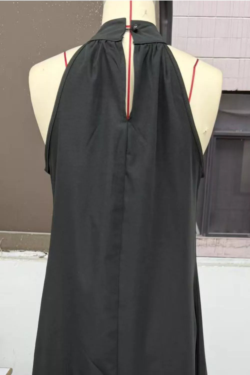 Cedar & Moore halter neck sleeveless maxi dress, charcoal gray, back view