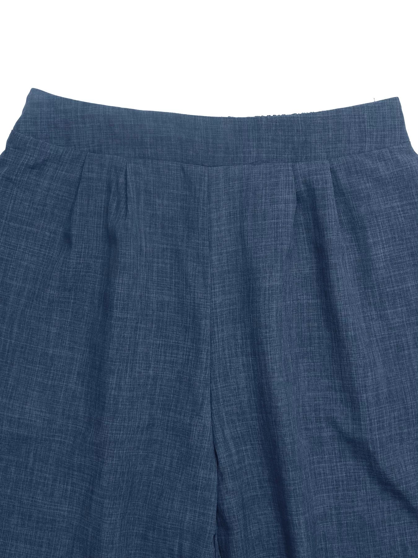 Navy wide-leg pants waistband with stitched seam detail