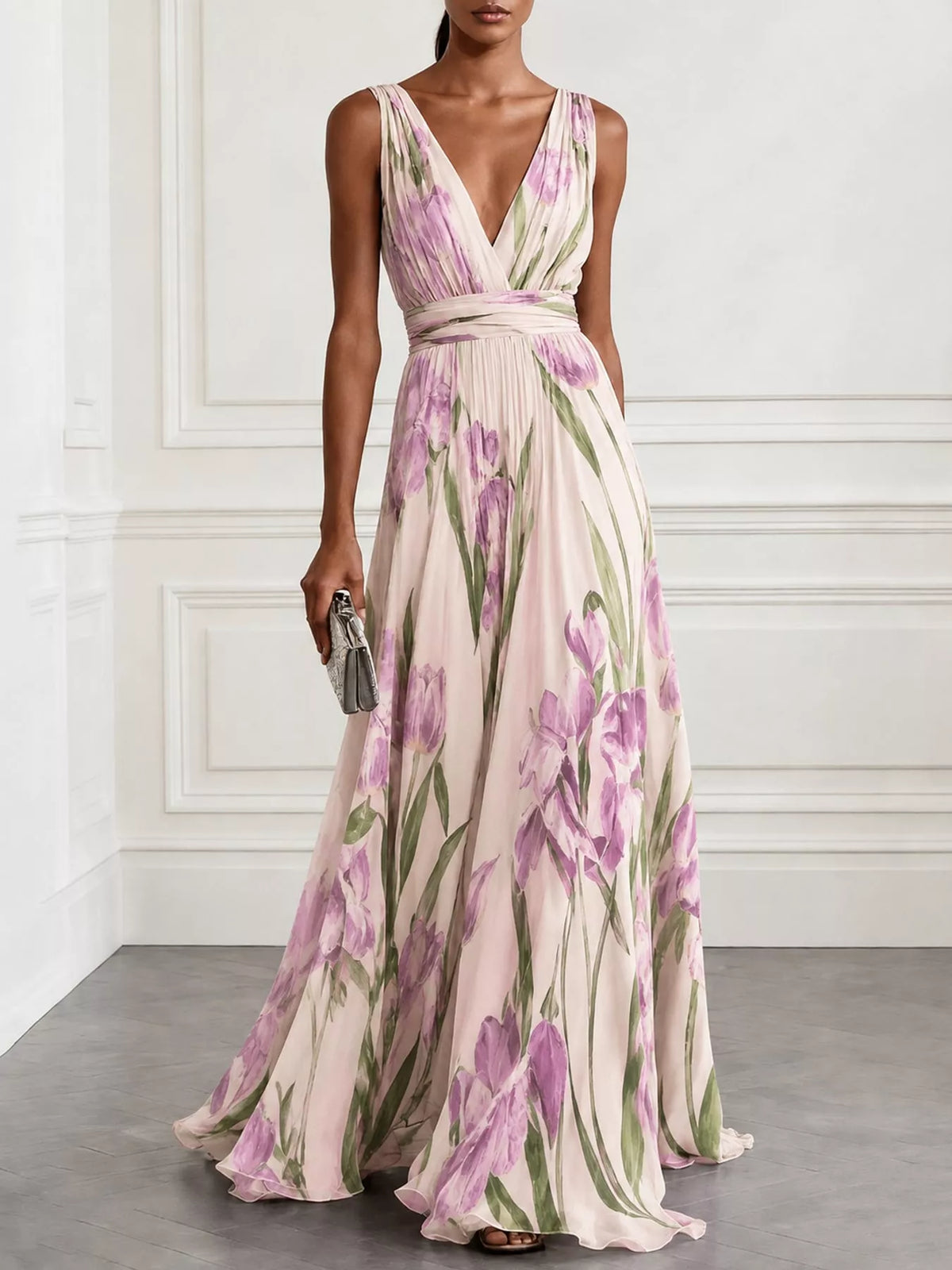 Pale pink sleeveless floral print ruched maxi dress with V-neck and tied waist