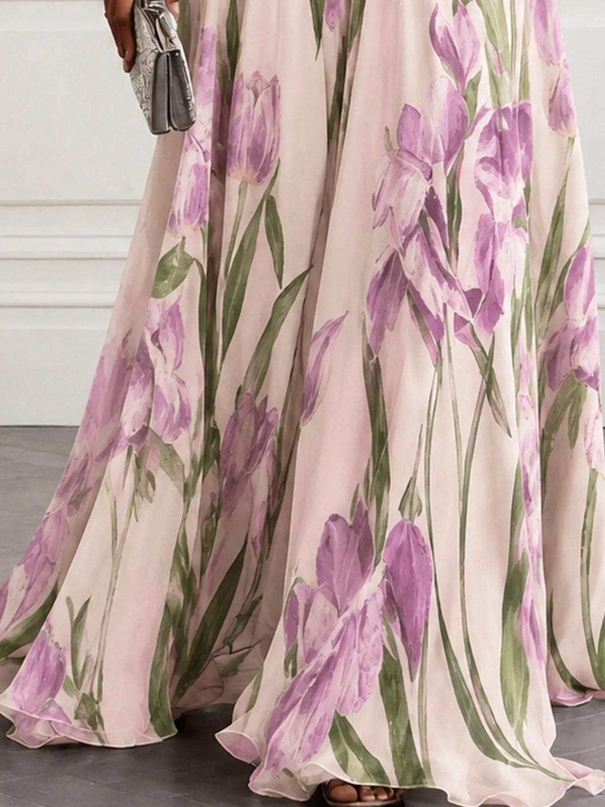 Sleeveless floral print ruched maxi dress, V-neck, pale pink with purple tulips and green stems