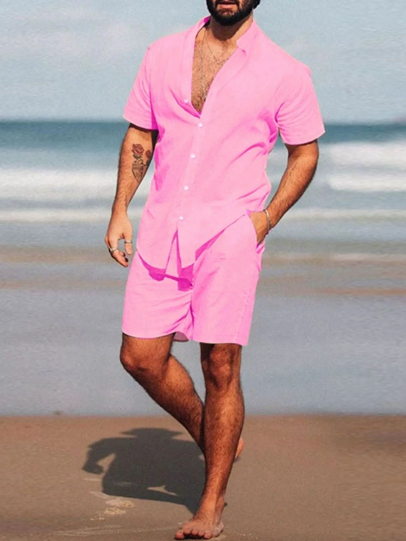 Men's short sleeve shirt and shorts set, pink button-front outfit