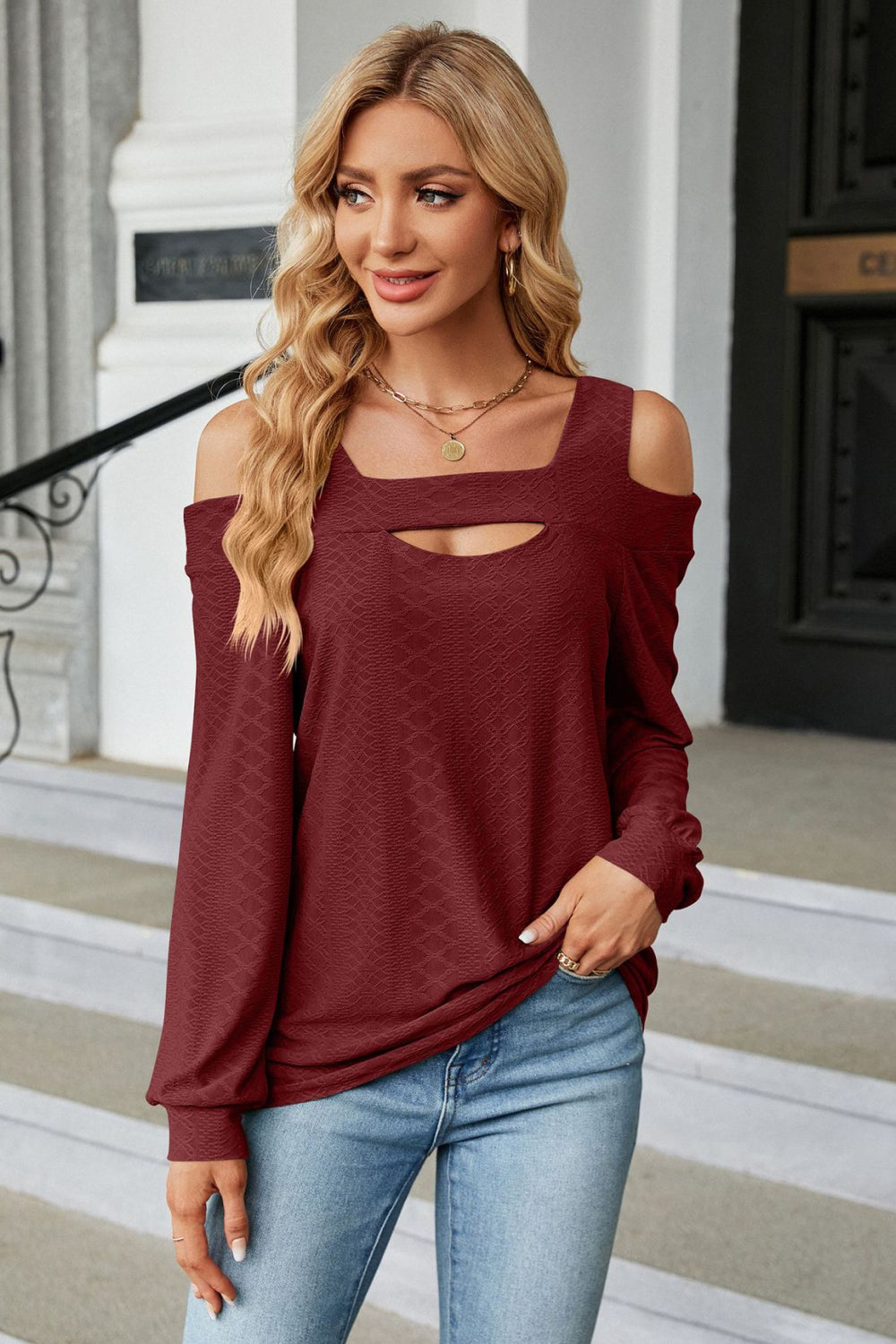 Burgundy cold-shoulder square-neck cutout blouse with long sleeves