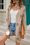Light beige open-front long sleeve cardigan with colorful star patch print
