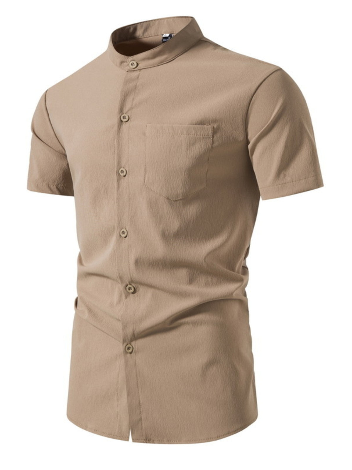 Men's short-sleeve button-up shirt in khaki-beige, front pocket and button placket