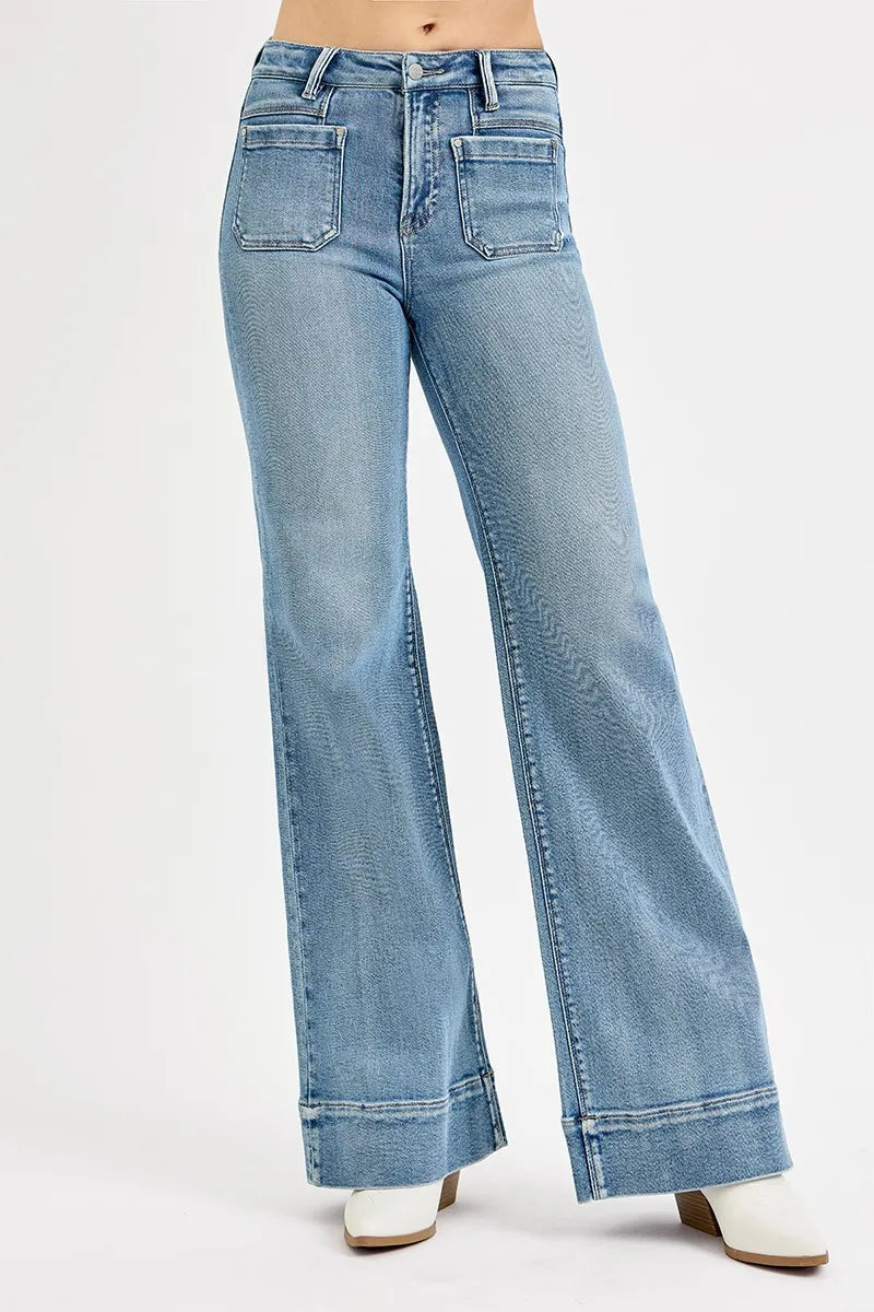 High-rise wide-leg jeans with patch pockets, light blue wash, and belt loops