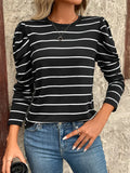 Black-and-white striped round-neck long-sleeve puff t-shirt with ribbed cuffs