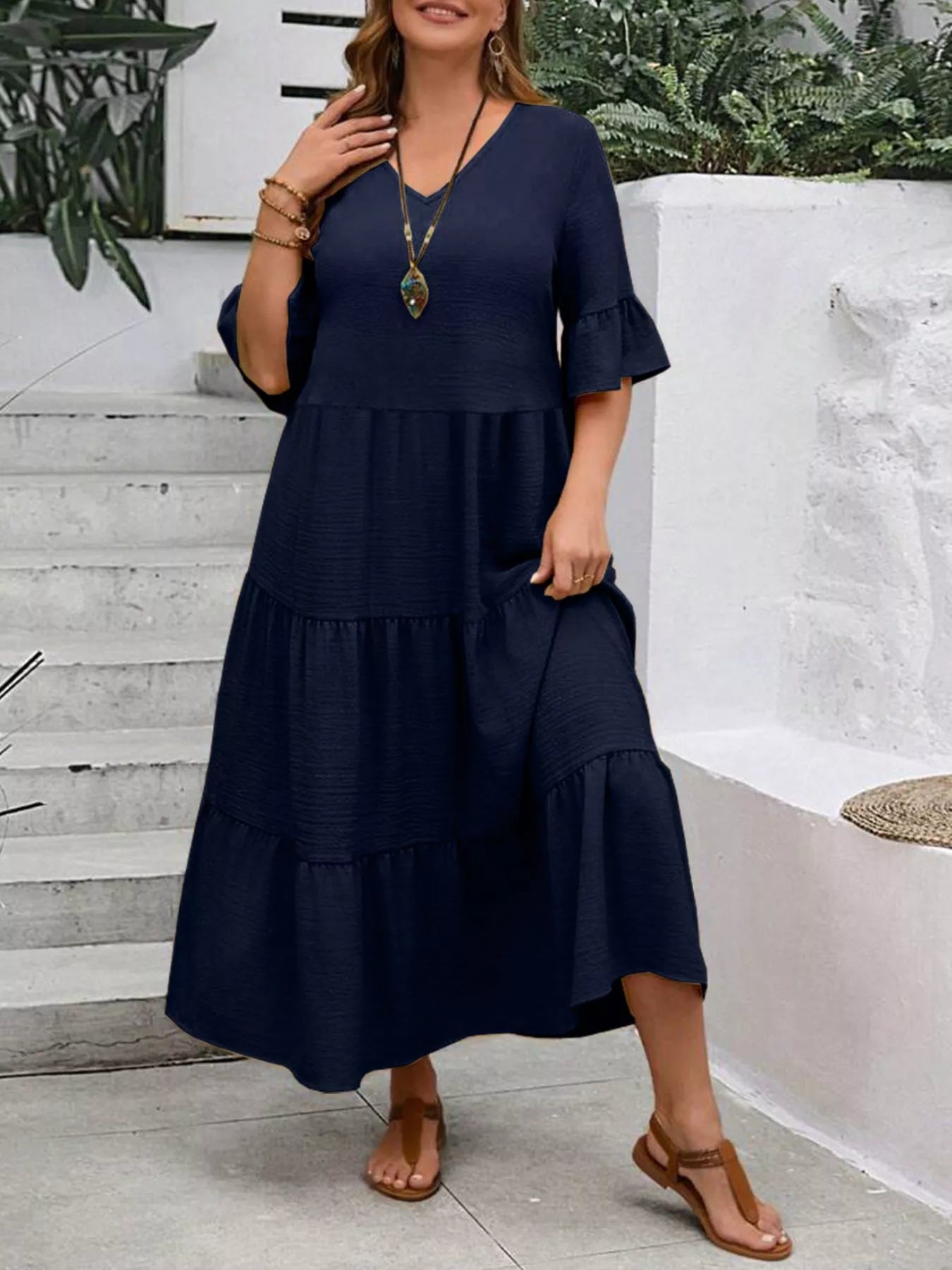 Tiered midi dress with ruffle sleeves, tiered skirt, navy blue