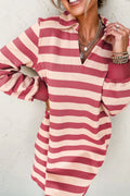 Dusty pink-and-cream striped long-sleeve mini dress with johnny collar and button placket