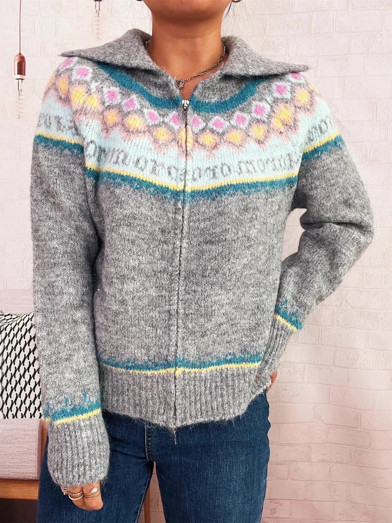 Gray zip-up cardigan with multicolor Fair Isle yoke and stripe bands, hooded collar