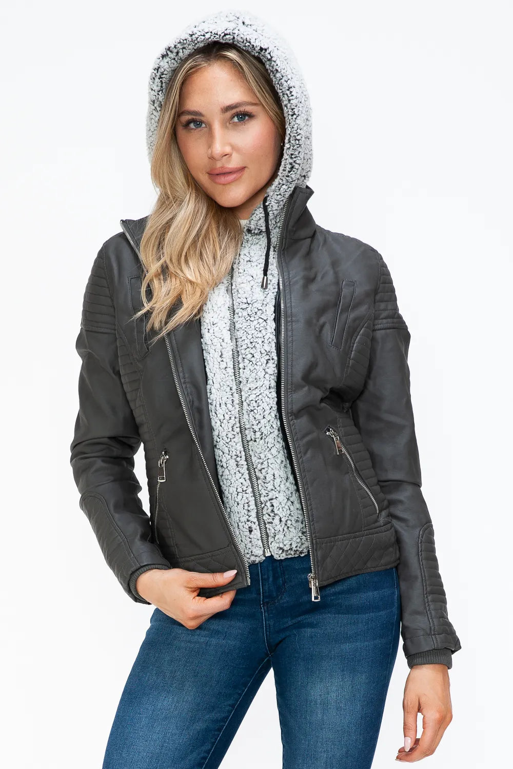 Charcoal faux layered double-zip jacket with fuzzy hood and zip pockets