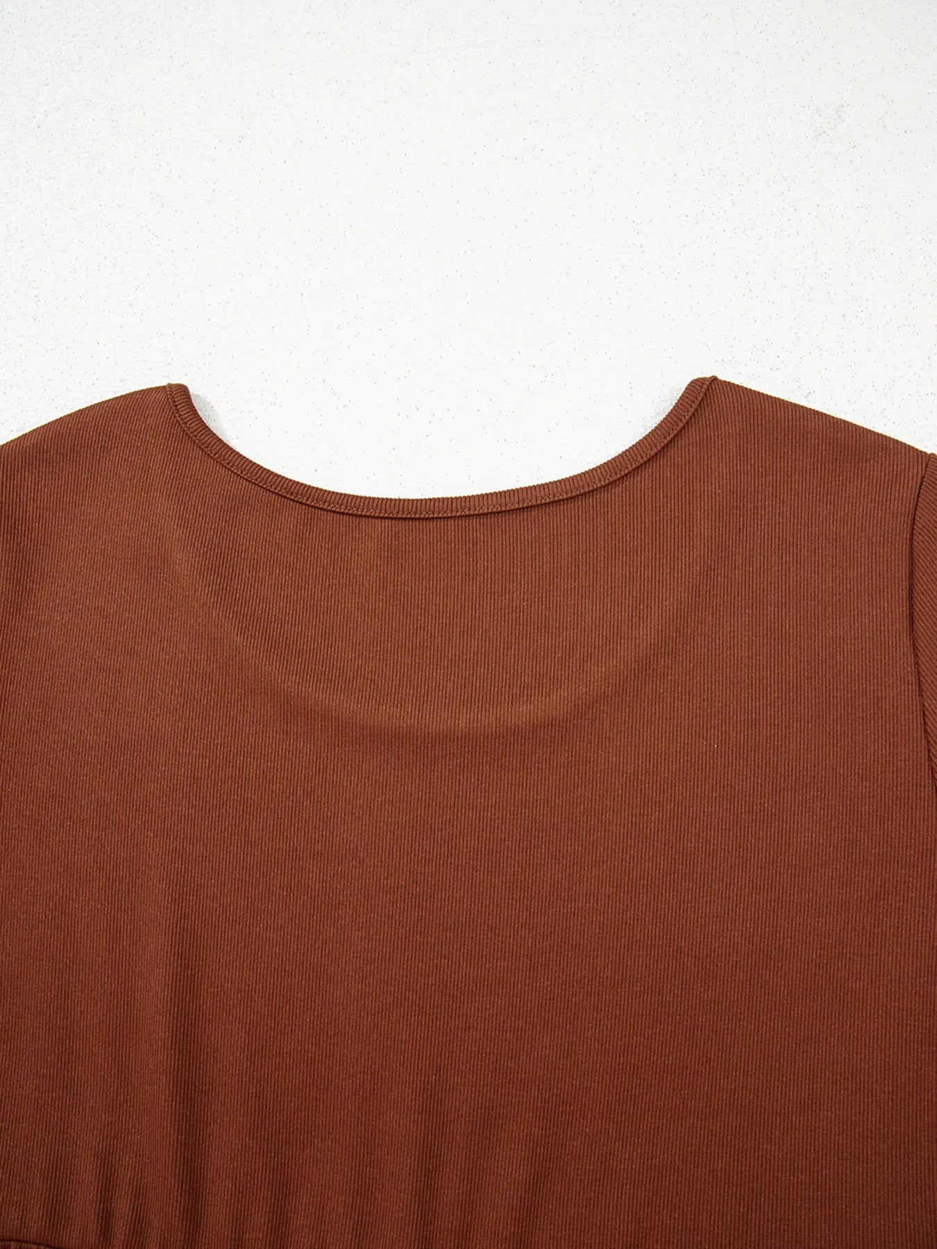 Frill Tiered Long Sleeve Mini Dress in rust ribbed knit by Trendsi, close-up neckline.