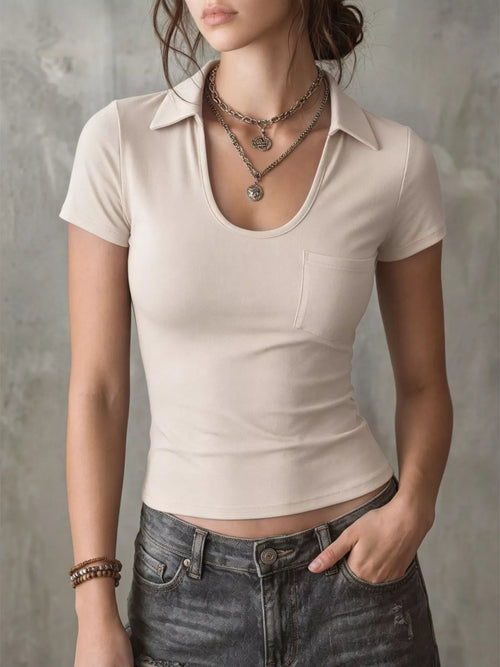 Apricot short-sleeve slim fit T-shirt with buttoned chest pocket