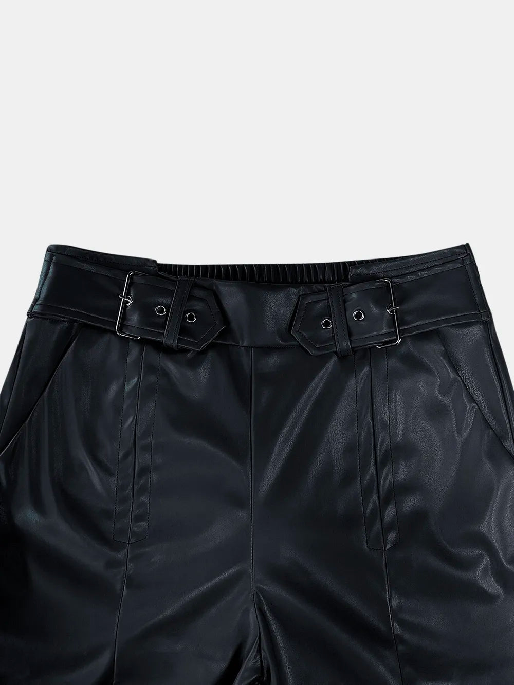 Black wide-leg pants with half elastic waist and front belt buckle with loops