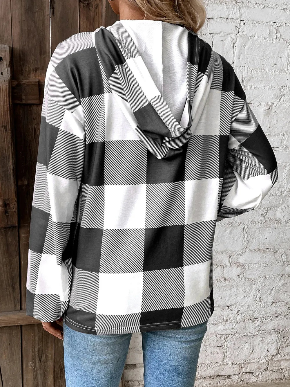 Plaid dropped-shoulder long sleeve hoodie back view in black and white with hood