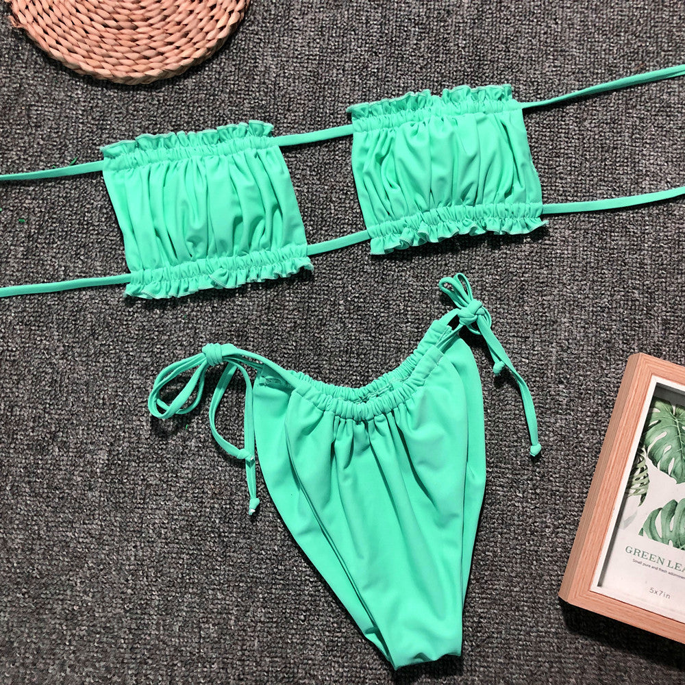 Ruched frill-trim bikini set in teal: bandeau top and high-cut string bikini bottom