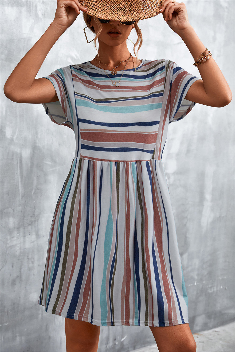 Striped round-neck dress, short flutter sleeves, blue, tan and coral vertical stripes
