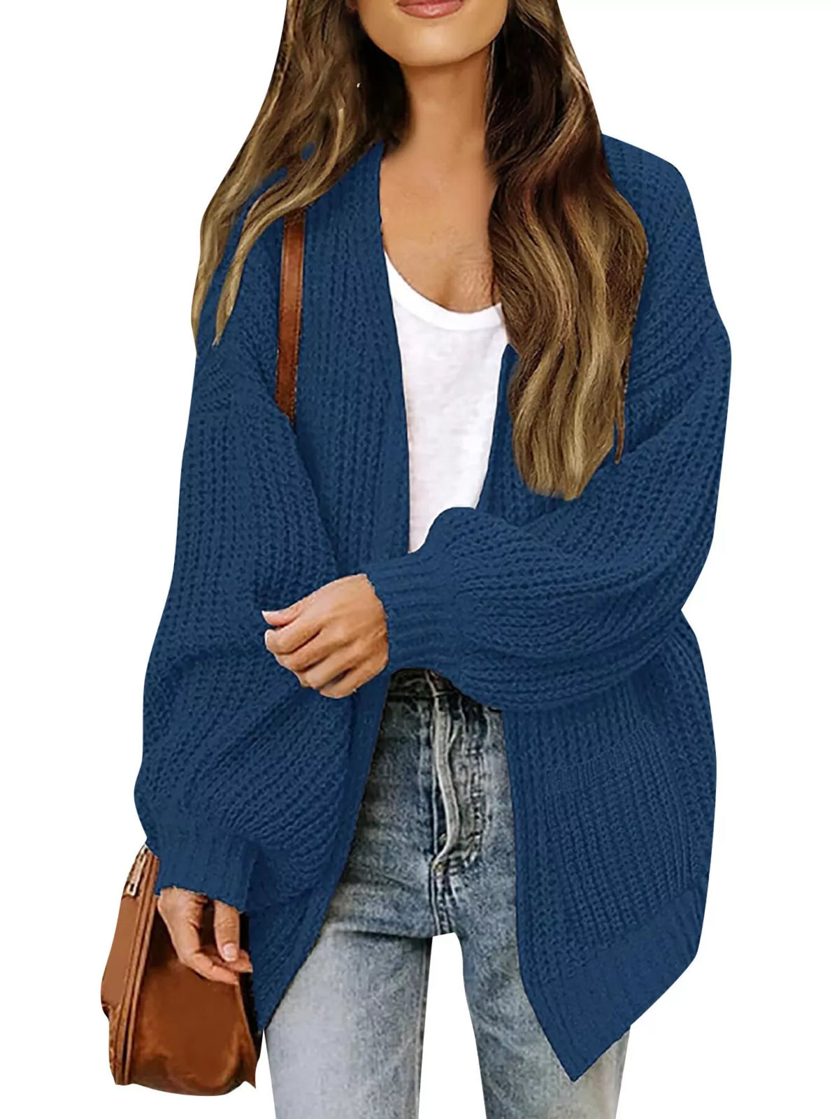 Blue waffle-knit open-front chunky cardigan with long sleeves and draped collar