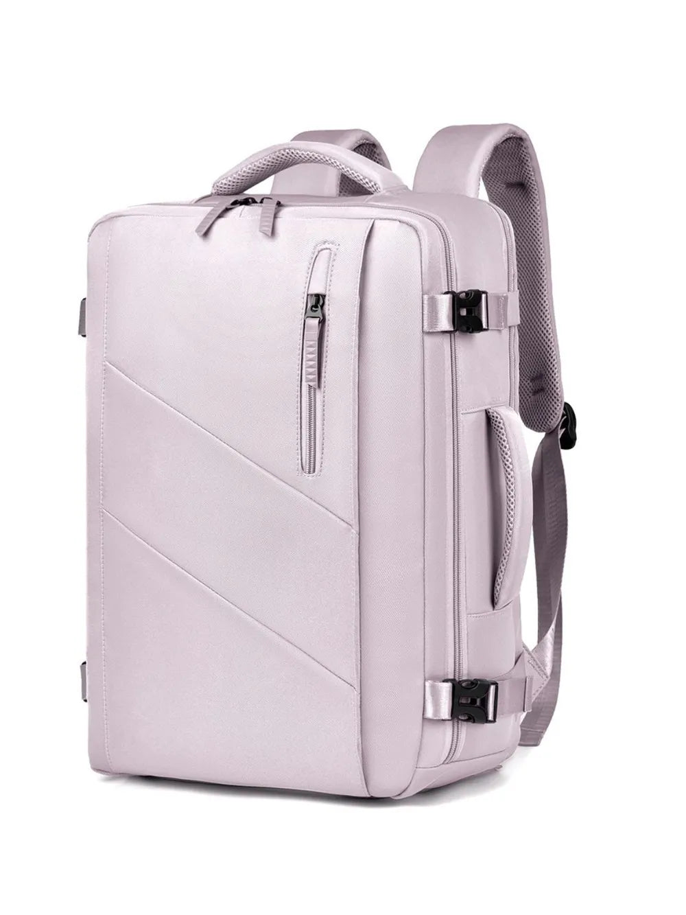 Lilac backpack bag with top handle, front zip pocket, and adjustable shoulder straps