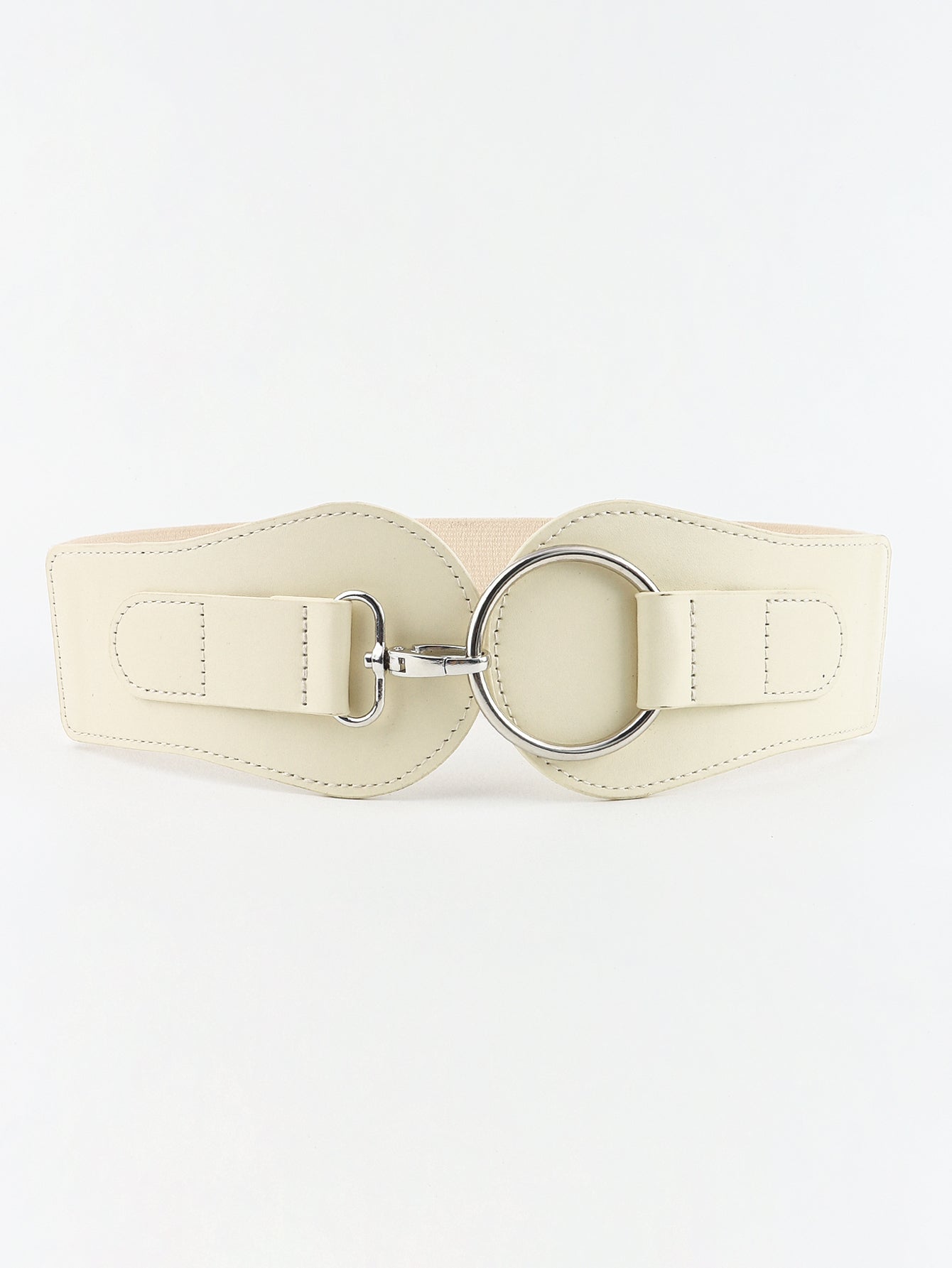 Vegan leather wide belt in cream with ring buckle and stitched leather panels