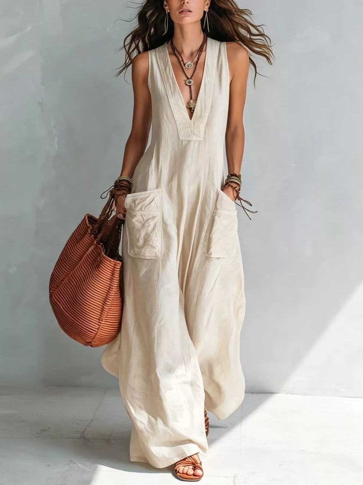 White v-neck sleeveless wide-leg jumpsuit with flap chest pocket and side pockets
