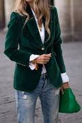 Green one-button lapel long-sleeve blazer with front button and flap pockets