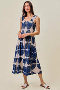 Navy and white abstract print tiered midi dress with smocked bodice and ruffled straps