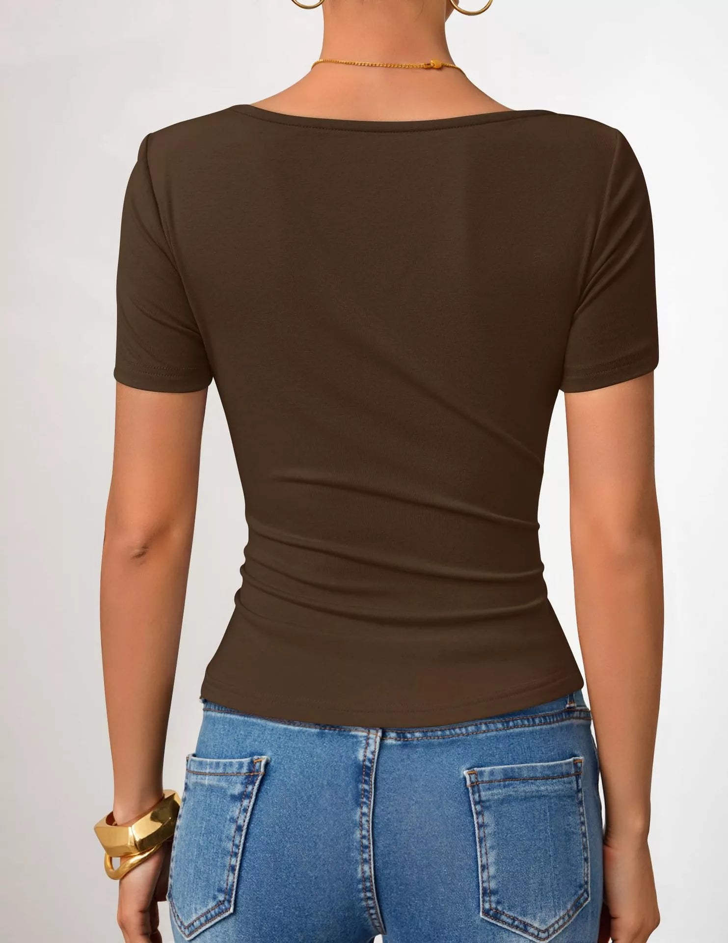 Cedar & Moore Asymmetrical Neckline Fitted T-Shirt, brown short-sleeve, Trendsi
