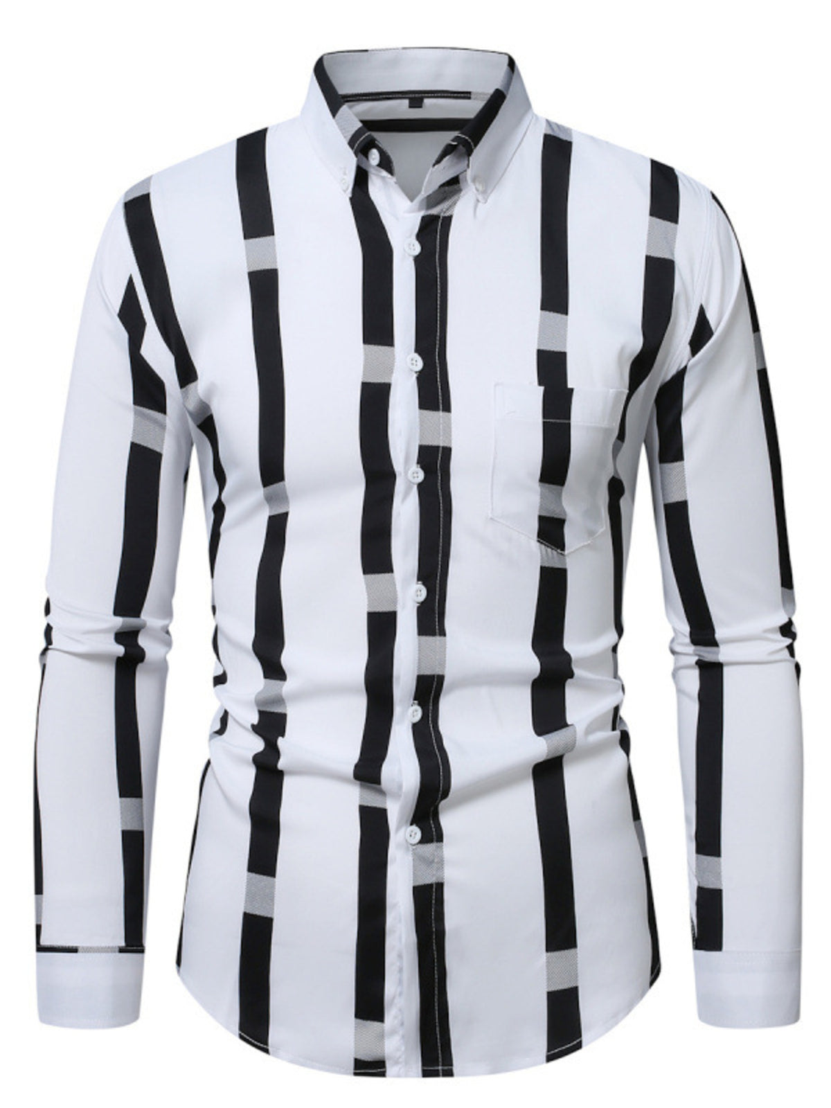 Men's slim fit striped button-up cotton shirt, white with black vertical stripes