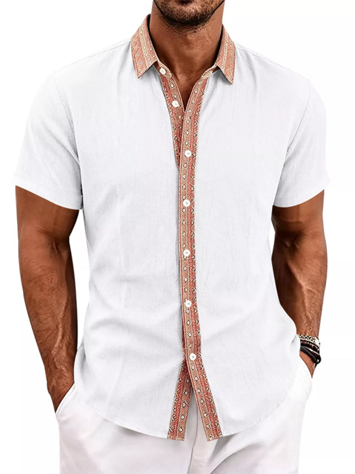 White men’s short sleeve cotton stretch shirt with patterned button placket