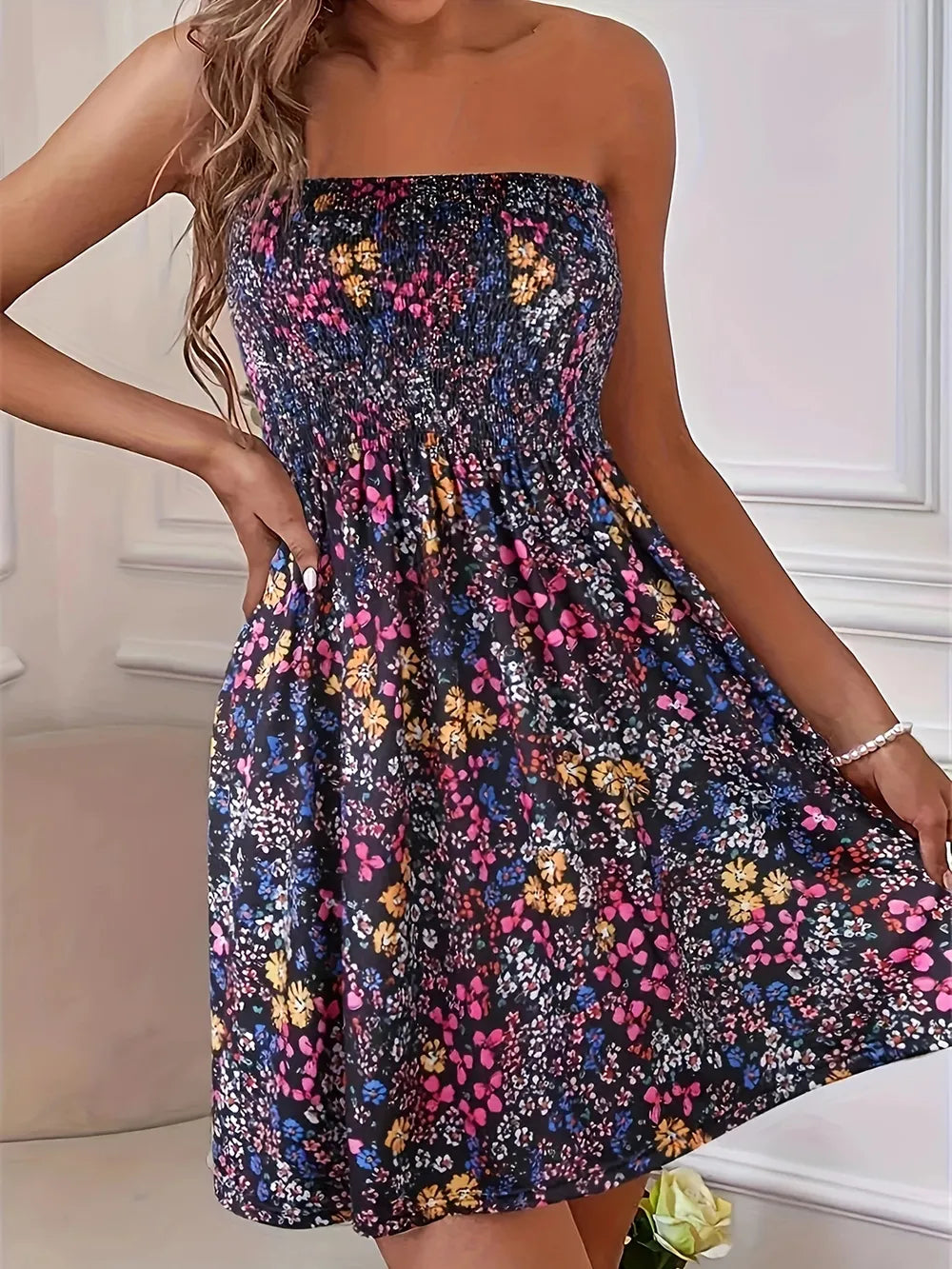 Full-size smocked printed tube dress with floral print, strapless.