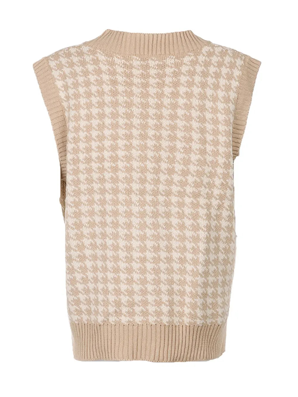 Beige houndstooth sleeveless sweater vest with ribbed hem, V-neck back panel