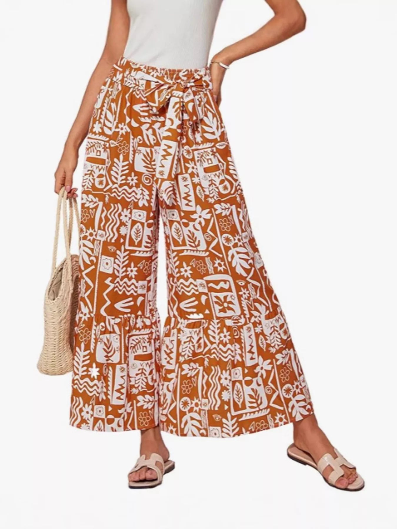 Tie-waist wide-leg printed pants, chocolate brown with white graphic motifs