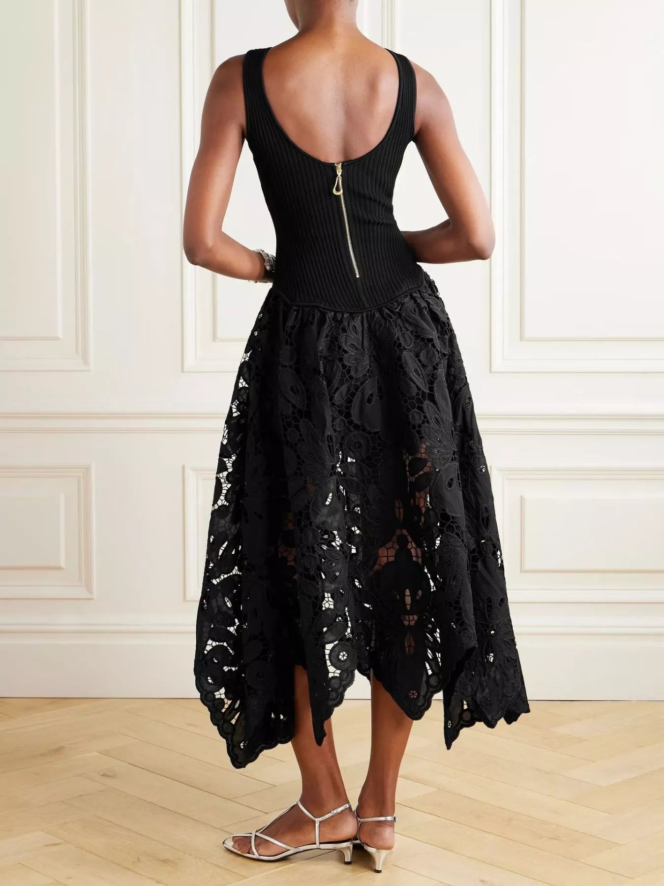Cedar & Moore Sleeveless Ribbed Crochet Midi Dress by Trendsi in black with back zipper and lace skirt