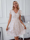 Floral print mini dress with lace trim V-neck and puff sleeves, white with pastel dots