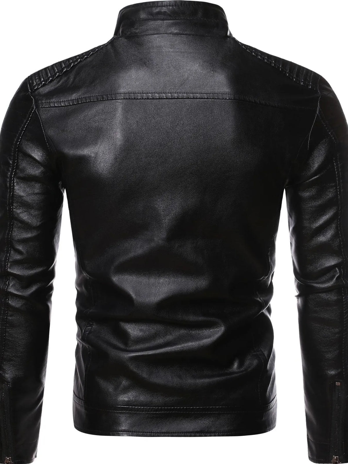 Black men's zip-up motorcycle jacket, back view with stand collar and zip
