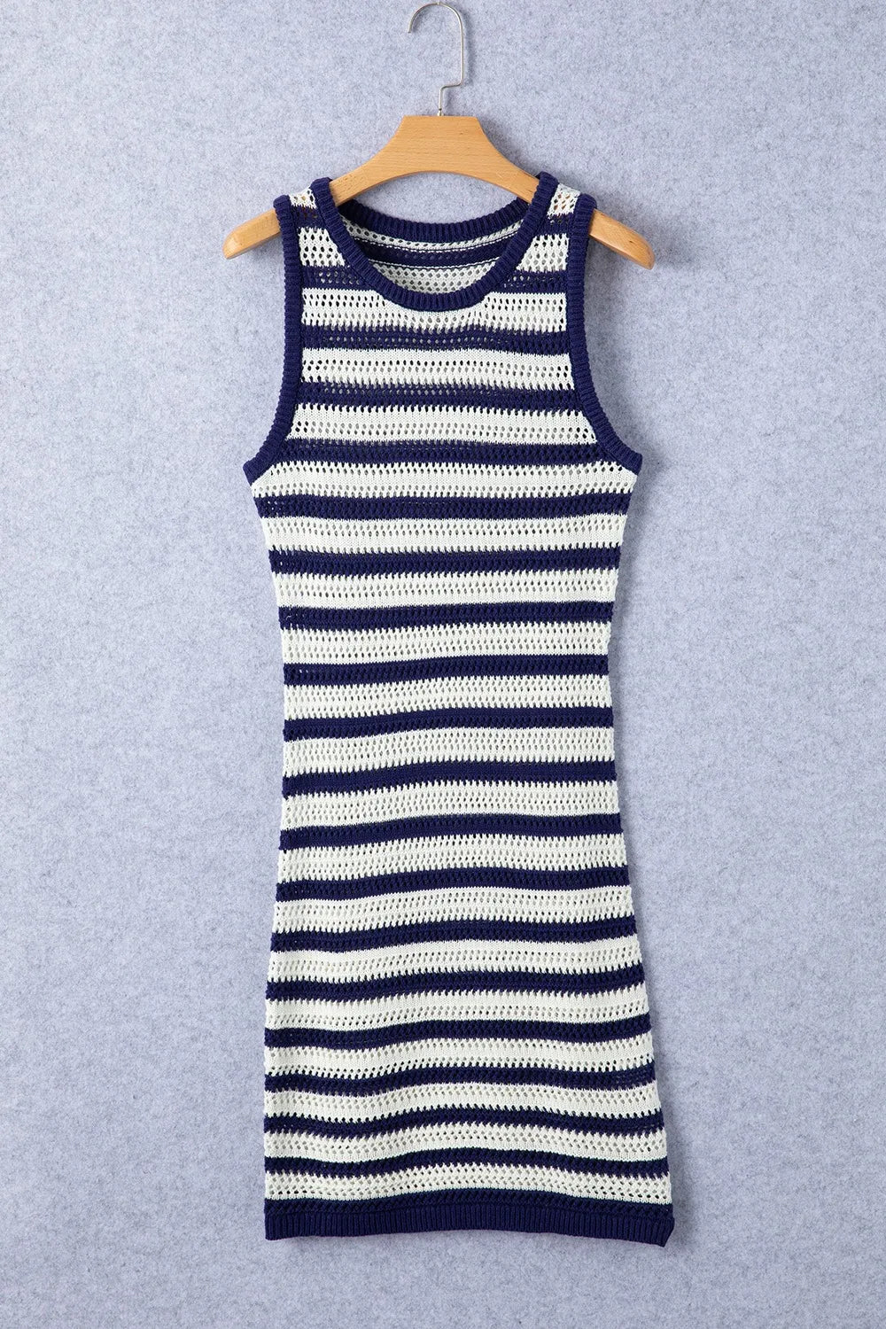 Navy and cream striped sleeveless knit sweater dress on hanger, crew neck, straight hem