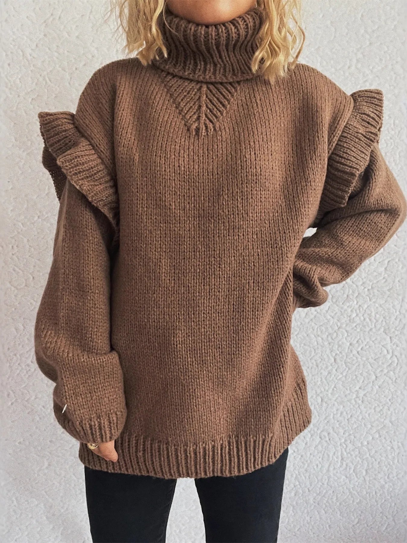 Brown ruffled turtleneck long-sleeve sweater with ribbed cuffs and hem