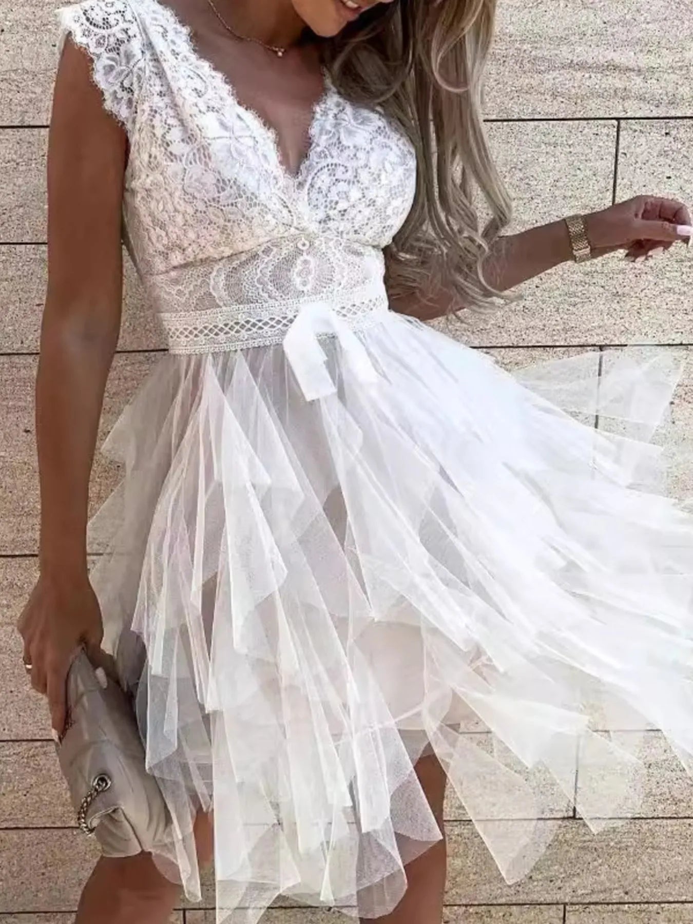 Lace V-Neck Ruffle Dress, white with belted waist and tiered tulle skirt.