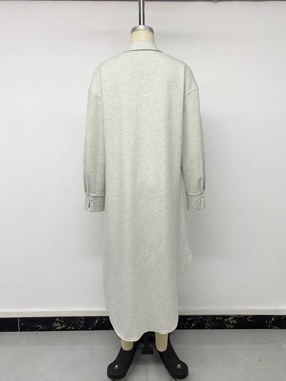 Light gray polo-collar midi dress with long sleeves, back view