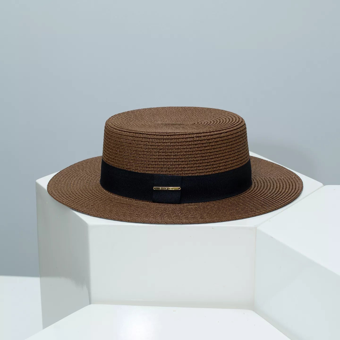 Cedar & Moore Straw Boater Hat with Black Band, brown straw, Trendsi