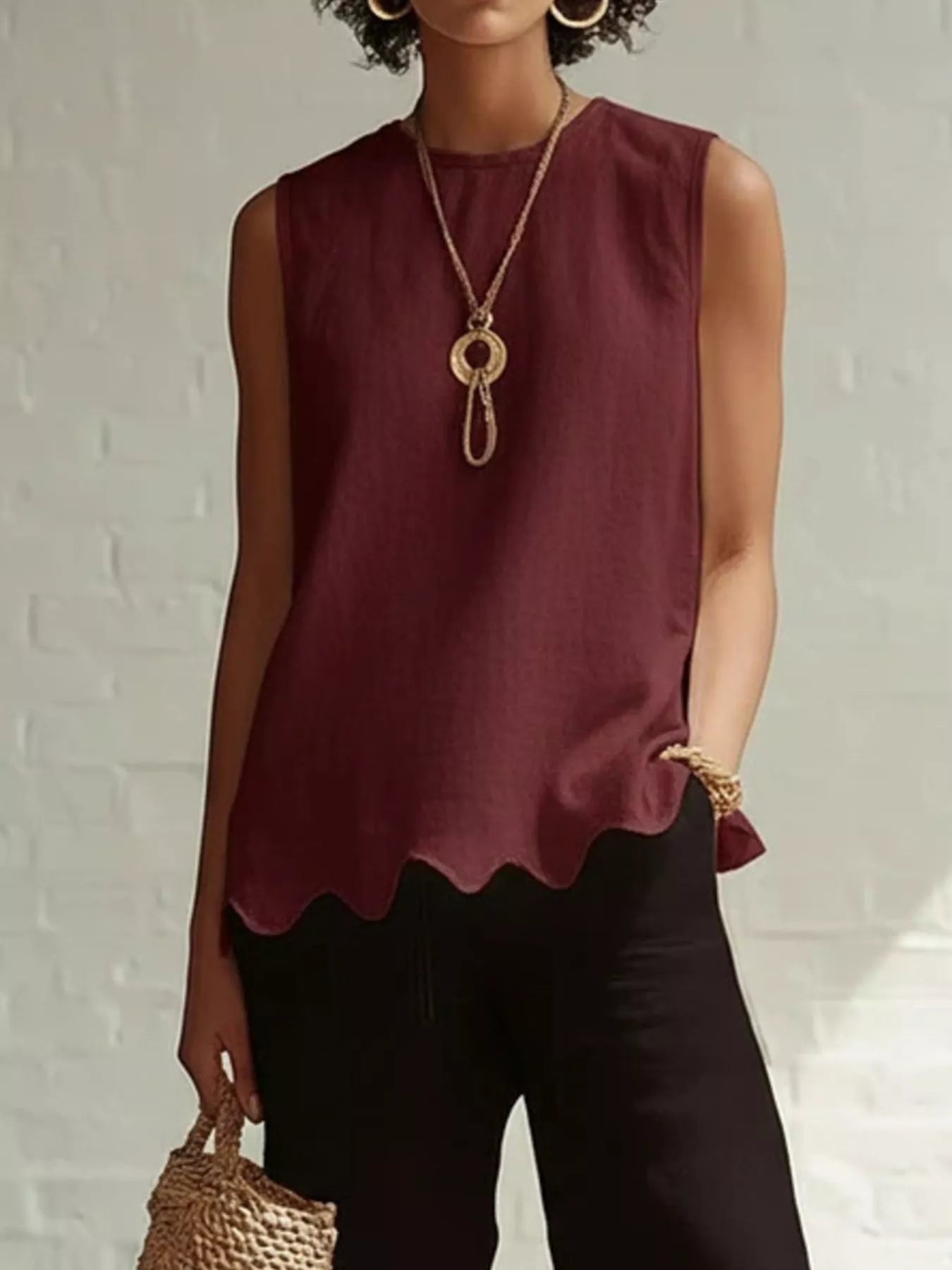 Plus size sleeveless tank top with scalloped hem, wine red solid knit