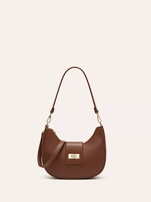 Tan buckle-closure shoulder bag, gold chain strap, front clasp