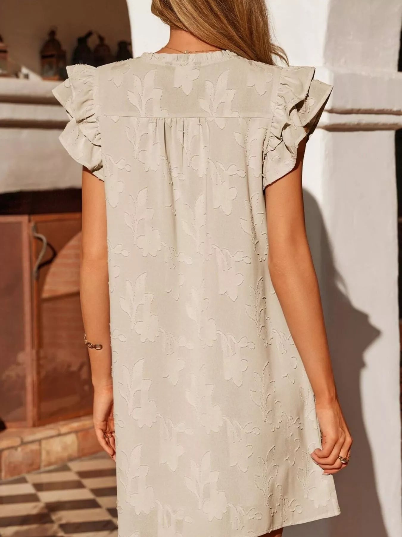 Floral embossed ruffle-sleeve mini dress by Trendsi in cream