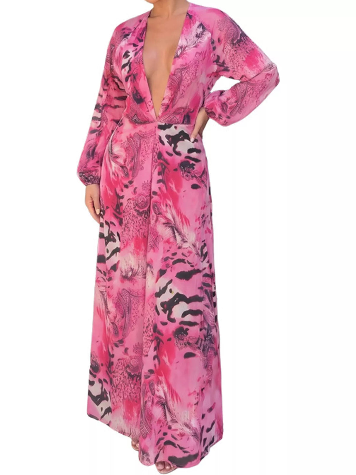 Pink printed flowy maxi dress with deep V neckline and long sleeves, front view