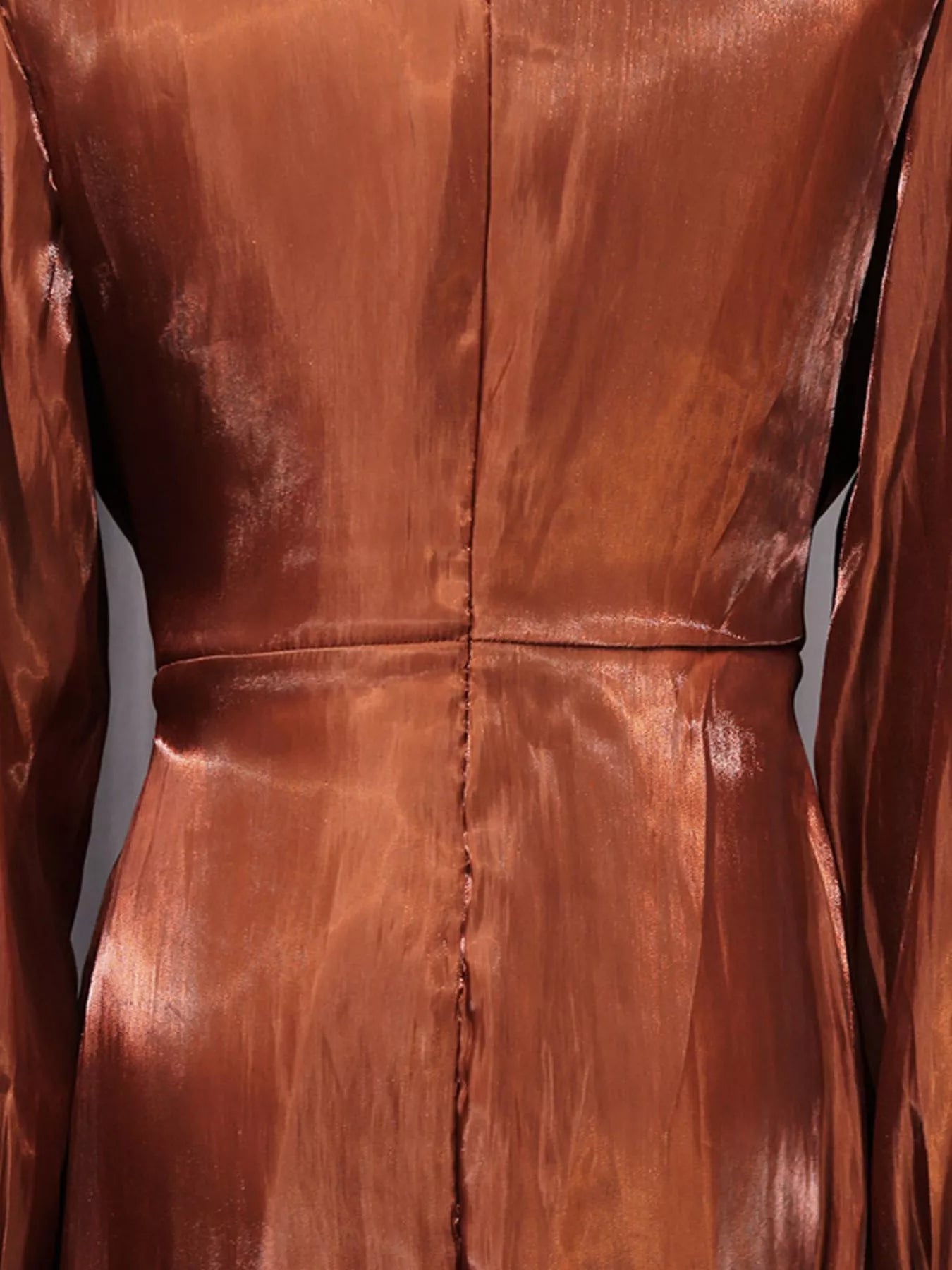 Cedar & Moore Front Twisted Draped Long Sleeve Maxi Dress, copper satin fabric with center seam and glossy finish