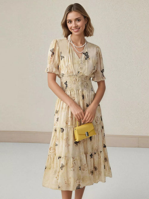 Beige butterfly print smocked-waist tiered midi dress with puff sleeves