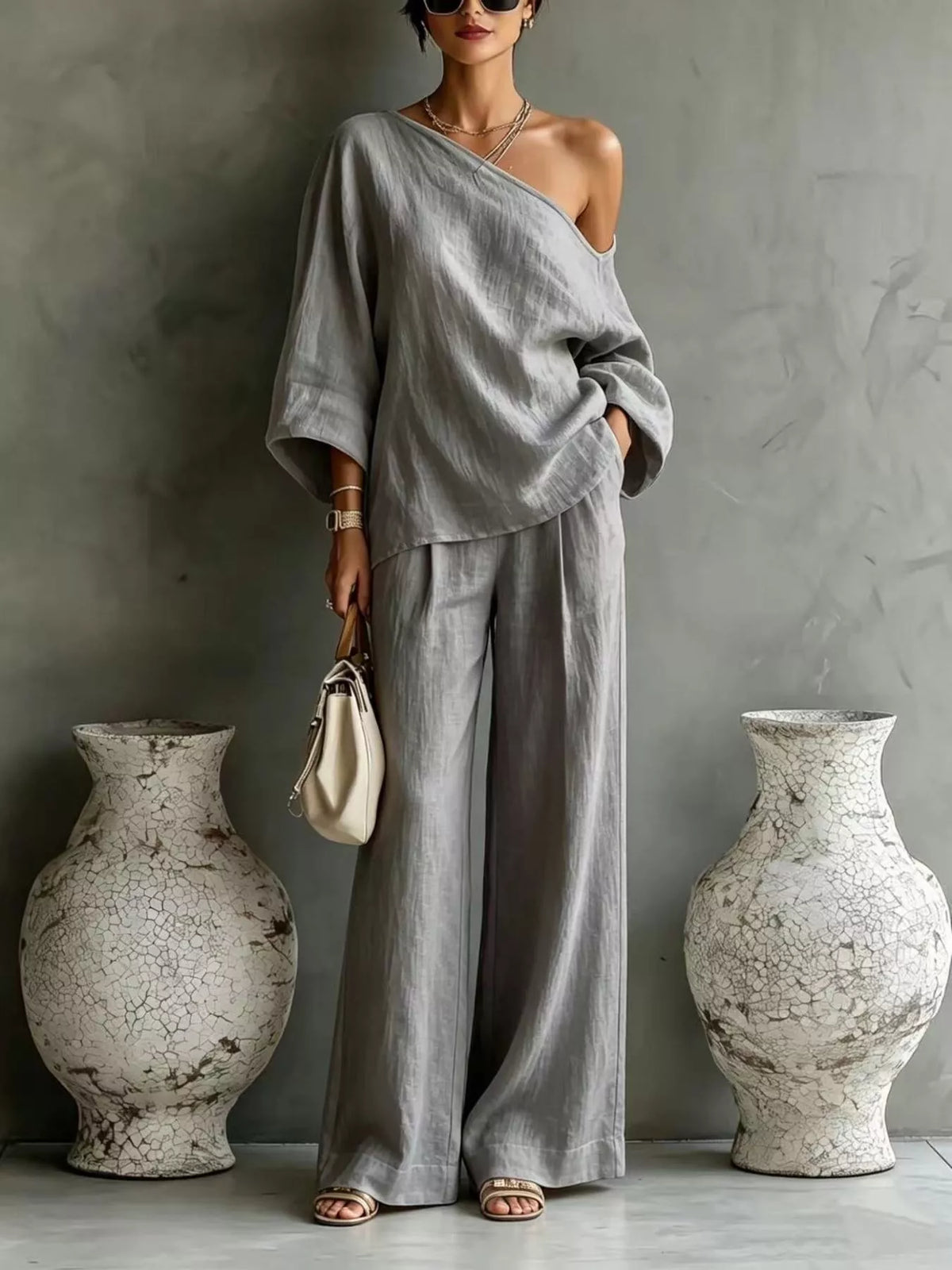 Light gray one-shoulder top and wide-leg pants set, relaxed fit
