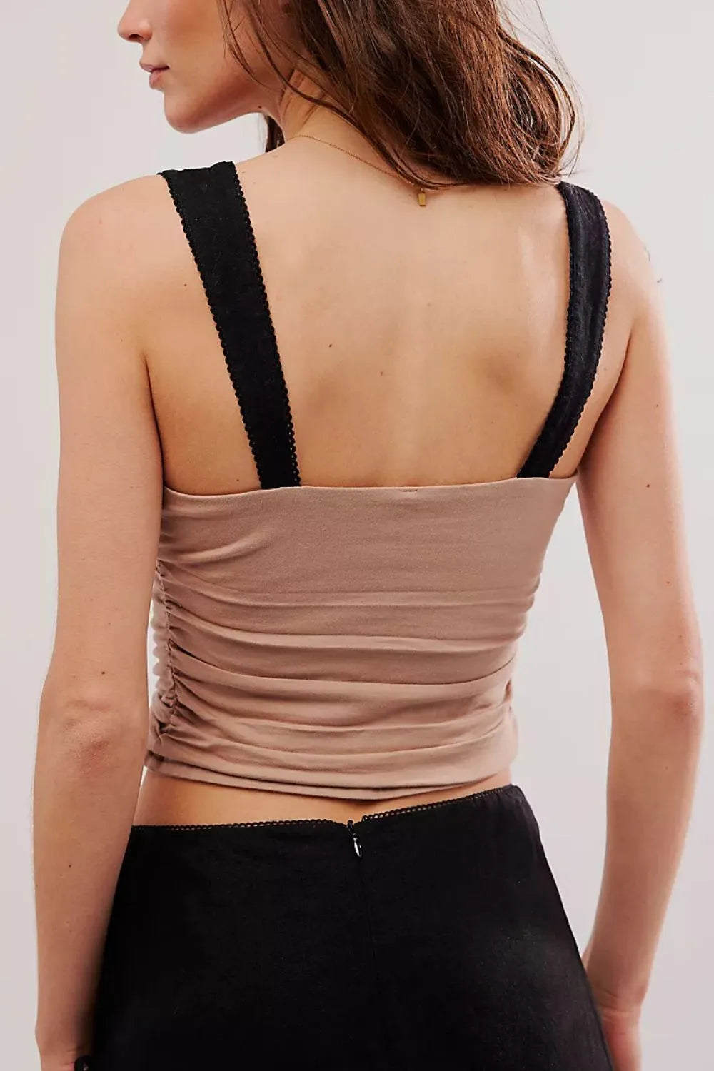 Beige ruched square-neck cami from back view with black wide straps
