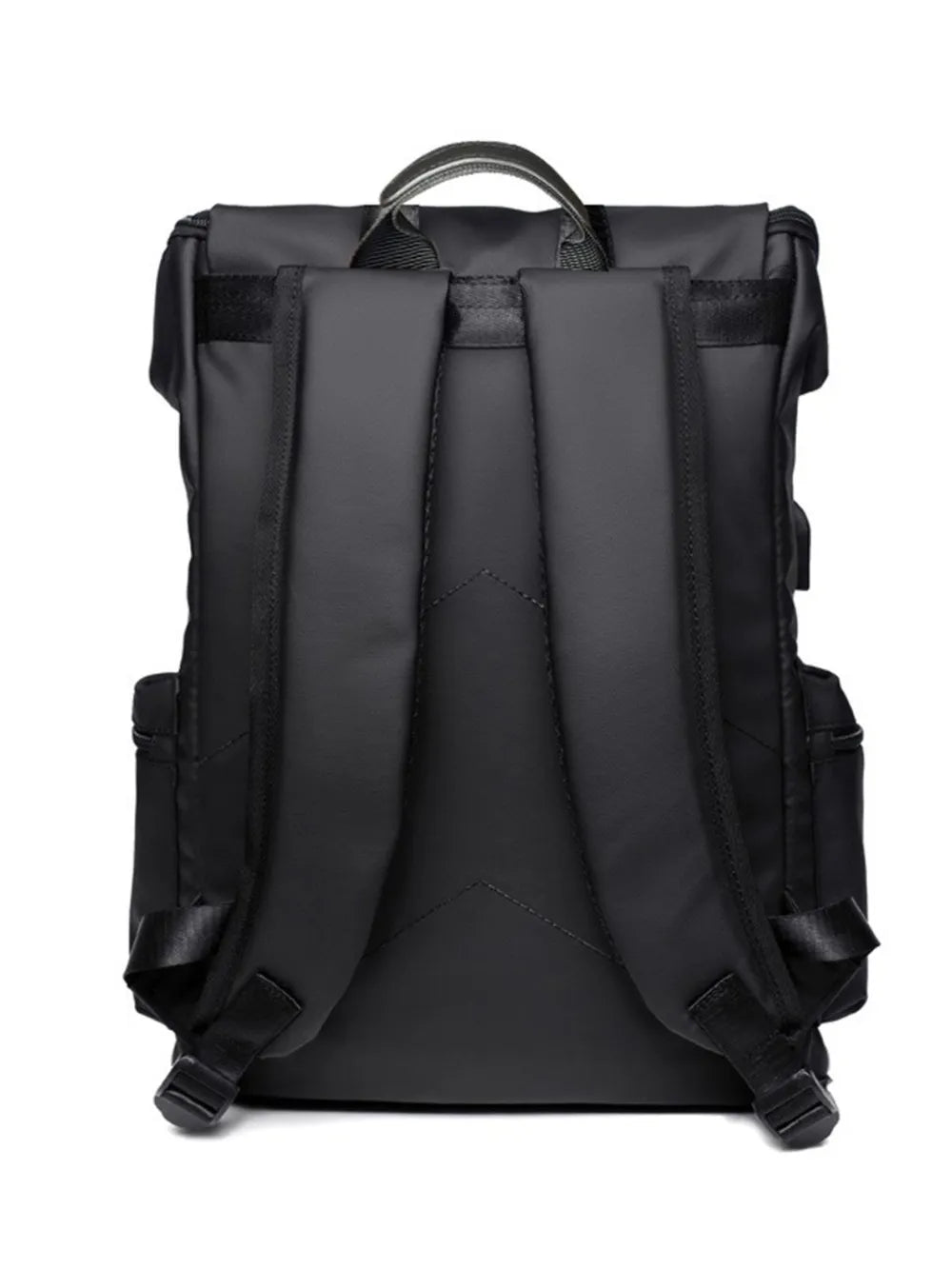 Black oxford cloth multi-pocket backpack with padded straps and front panel pockets